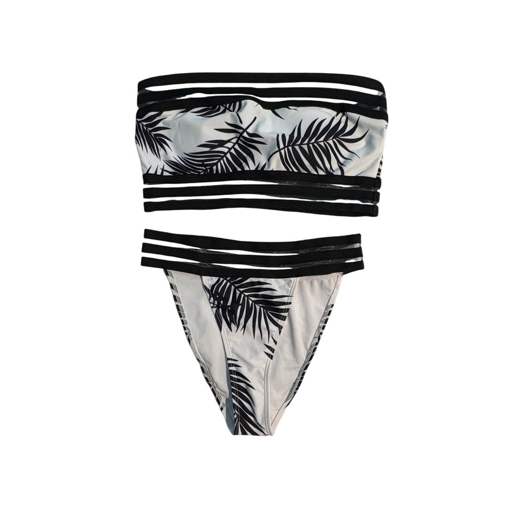 Women Medium Black White Palm Print Strapless Mesh‎ Cage Bikini Set Size M